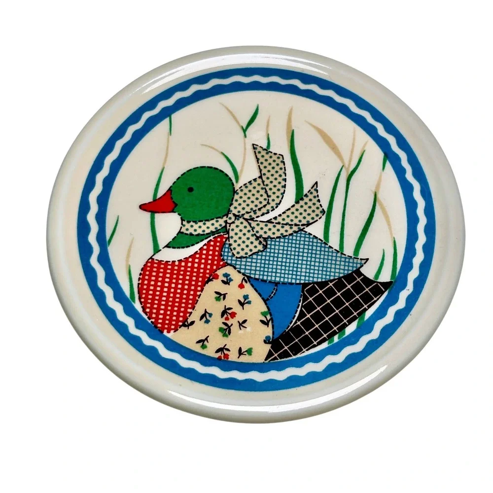 Vintage Coaster Patchwork Duck Folk Art Ceramic Round cottage country  grandma